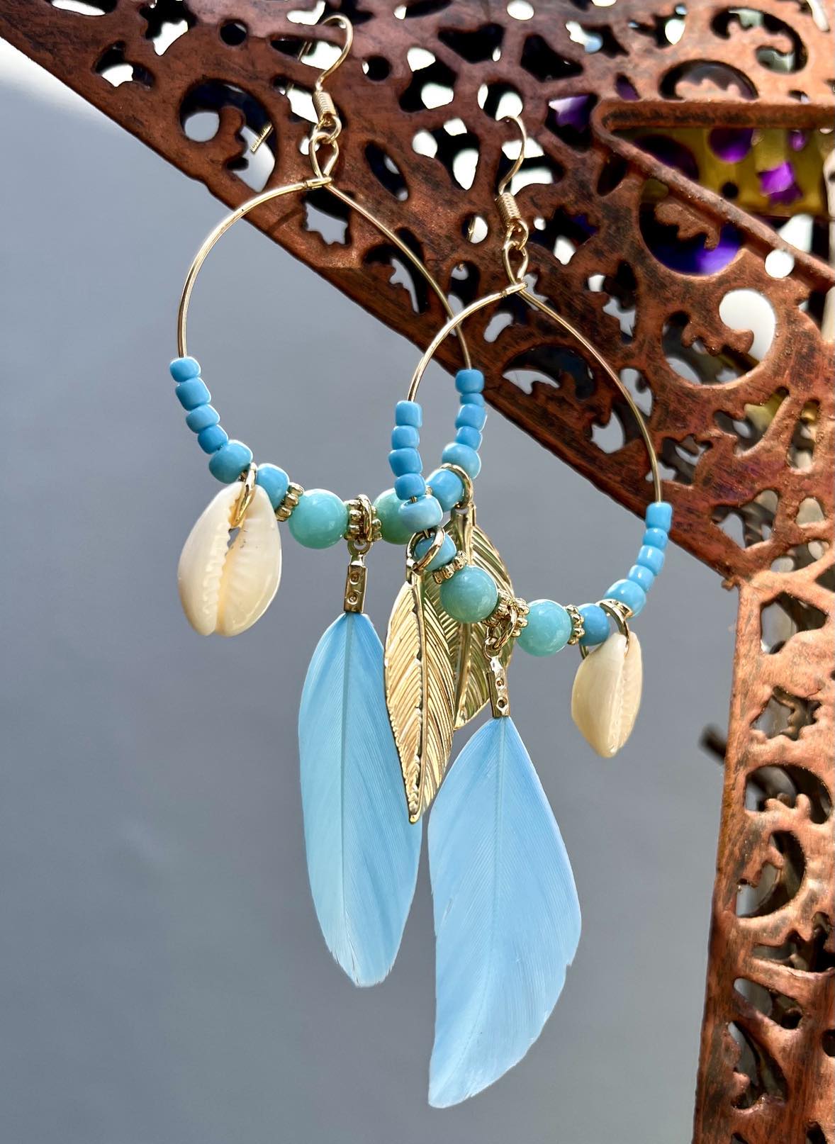 Hoop Cowrie Feather Earings
