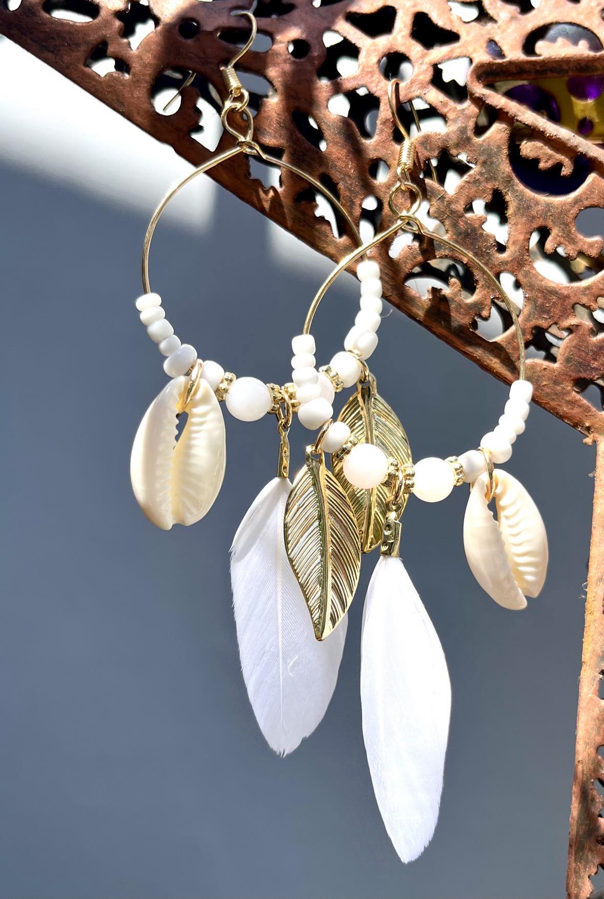 Hoop Cowrie Feather Earings