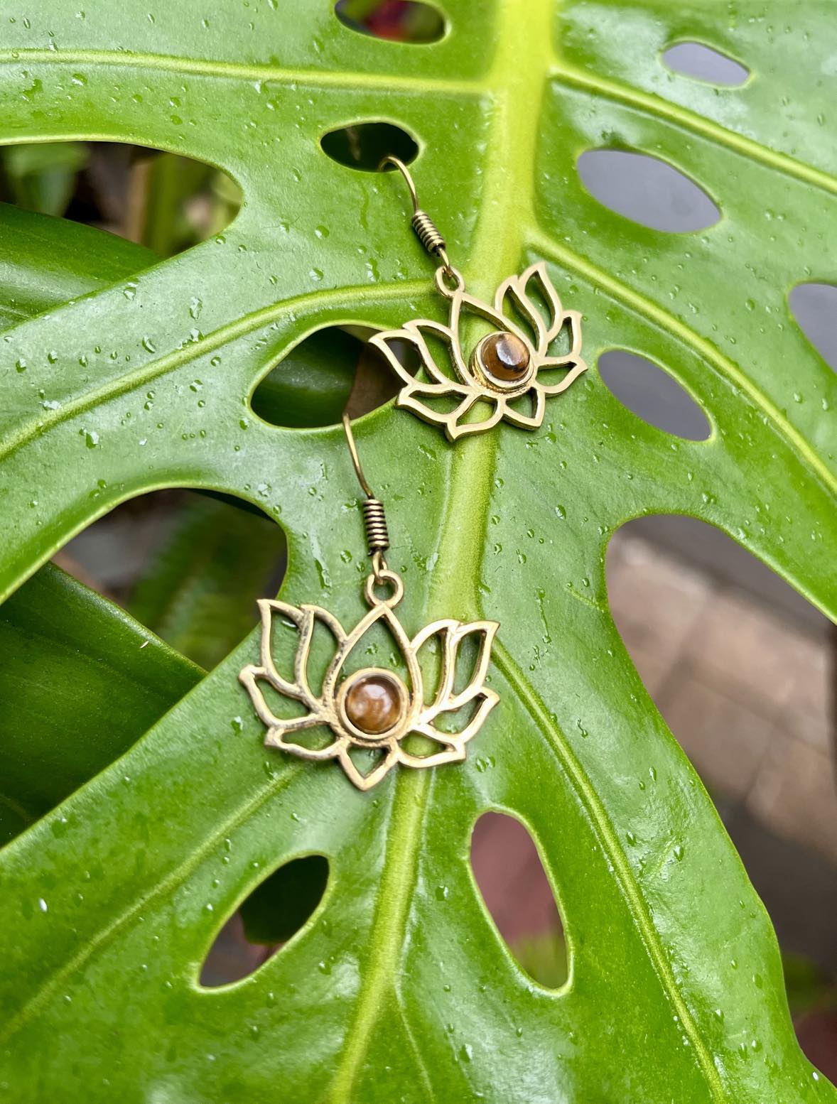 Brass Lotus Gemstone Earings