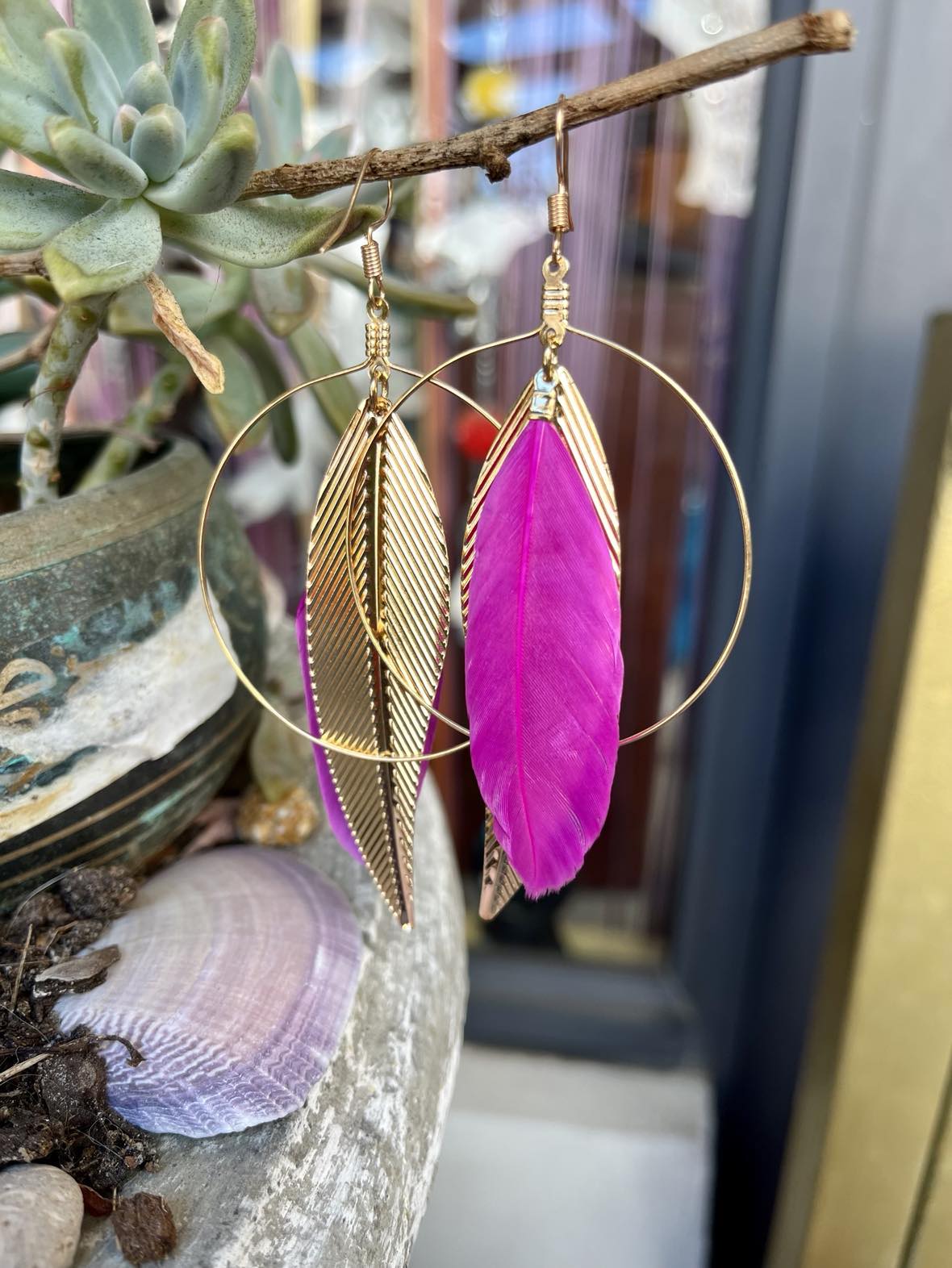 Gold Feather Hoop Earings