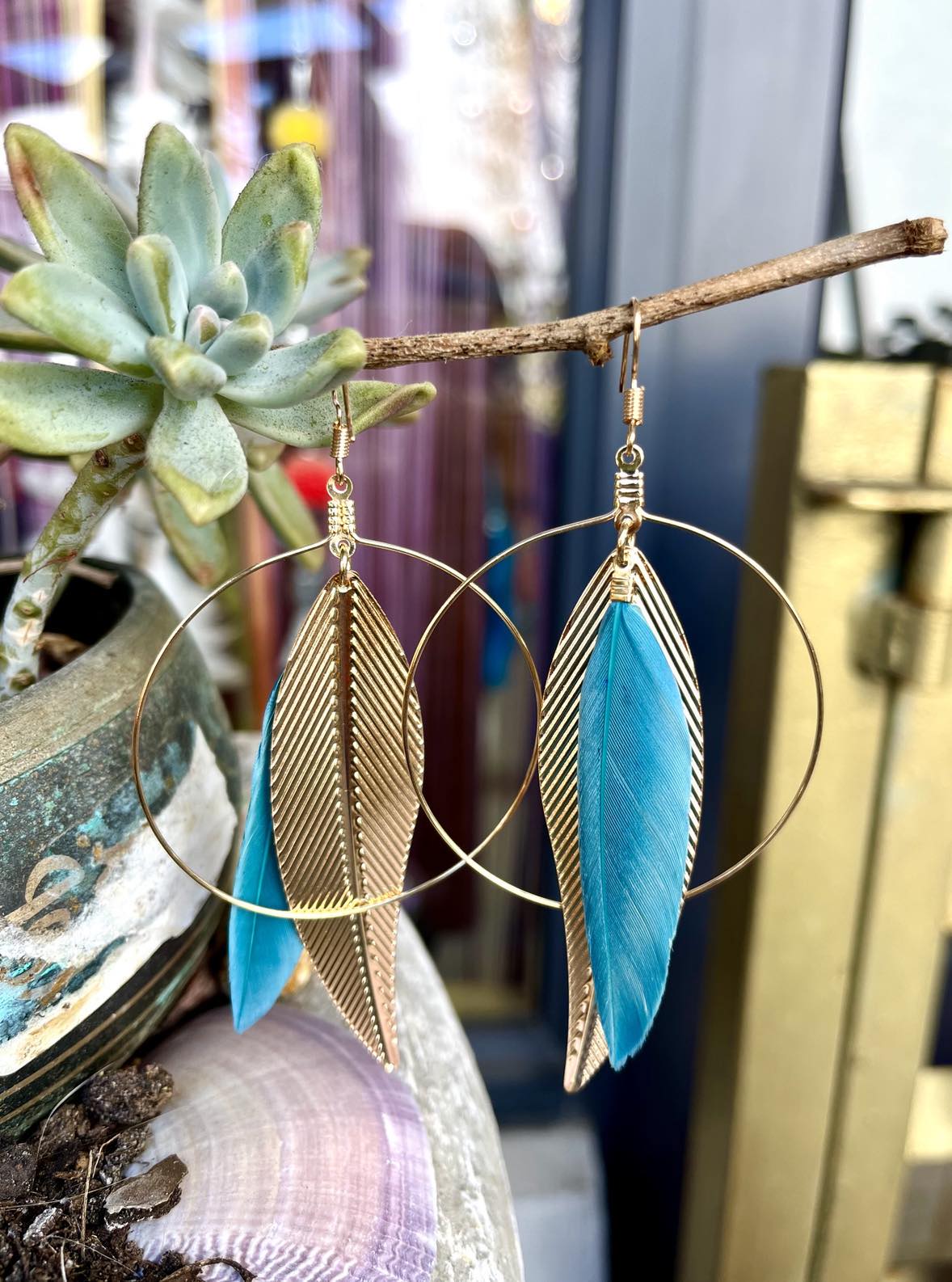 Gold Feather Hoop Earings