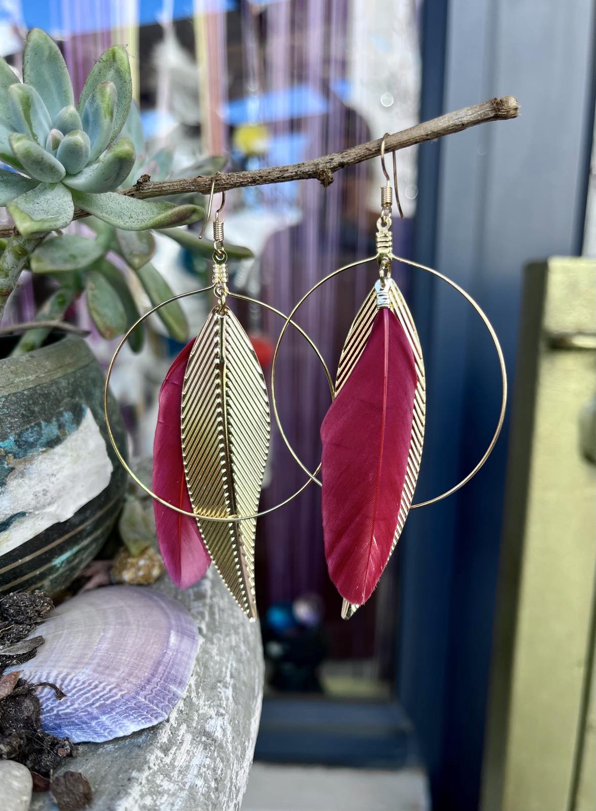 Gold Feather Hoop Earings