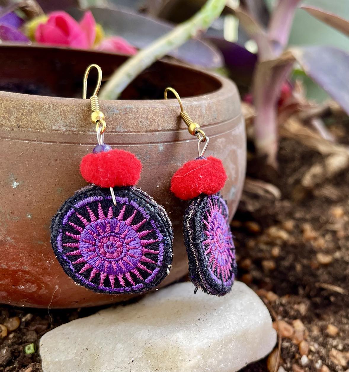 Pom Pom Embroidered Earings