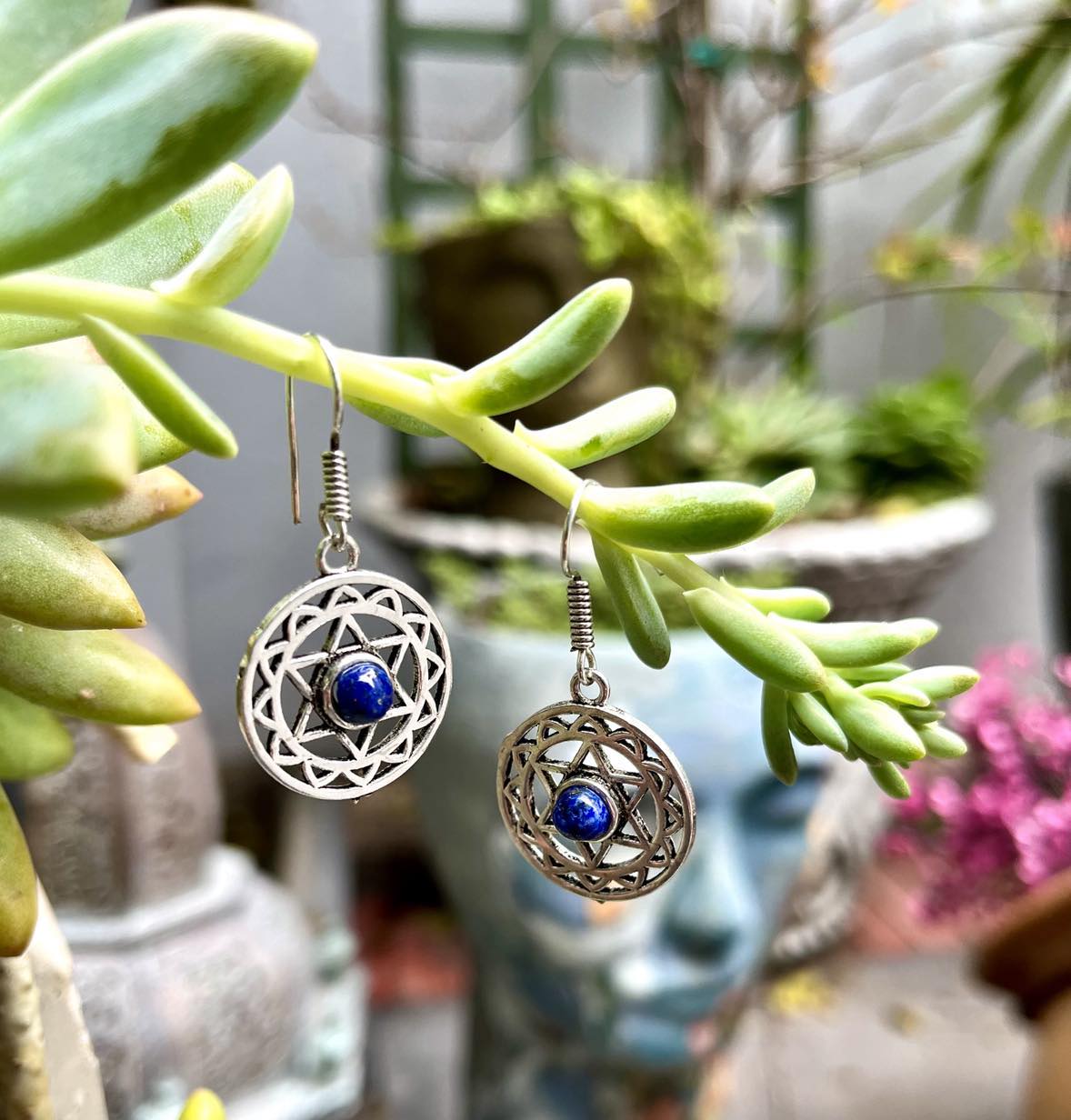 Silver Hexagram Gemstone Earings