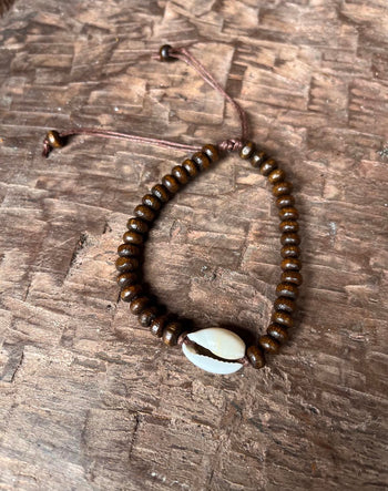 Wood Beaded Cowrie Bracelet