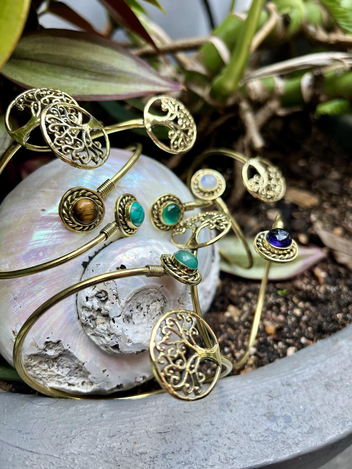 Tree Of Life Gemstone Brass Bangle