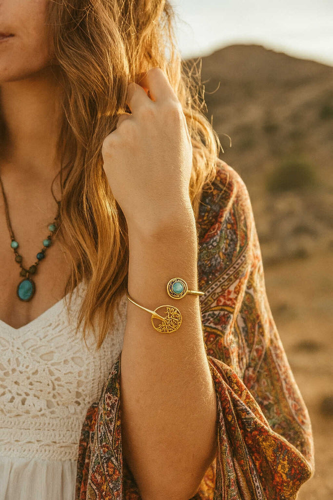 Tree Of Life Gemstone Brass Bangle