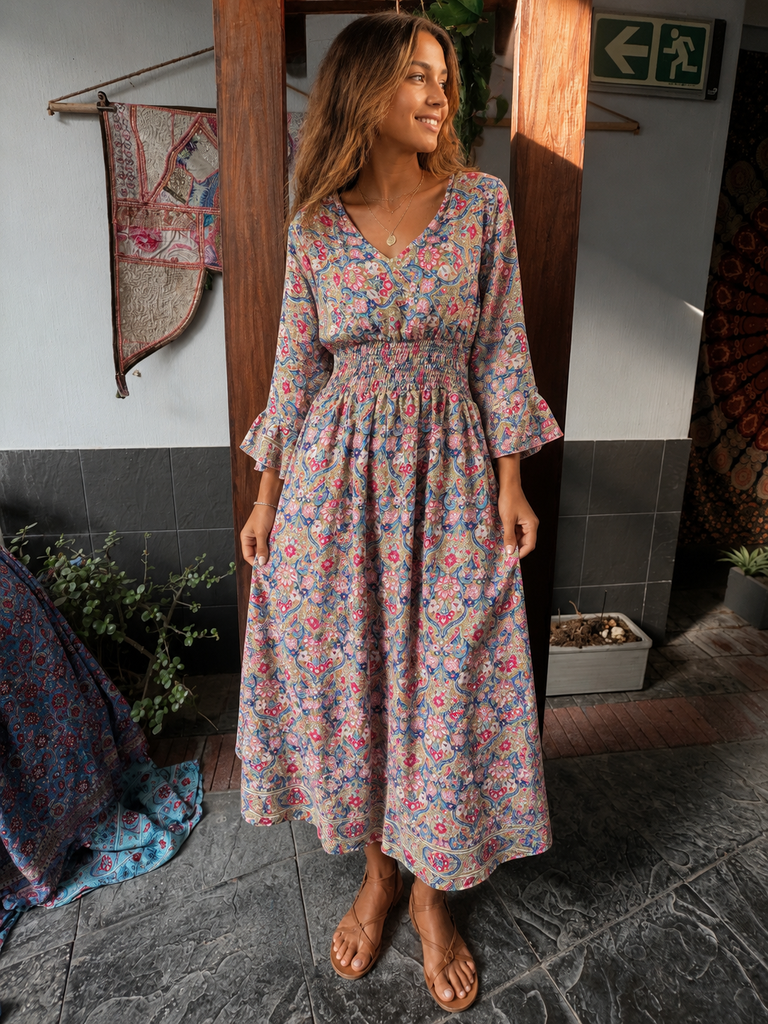 Sunmoon Long-Sleeve Elasticized Silk Dress
