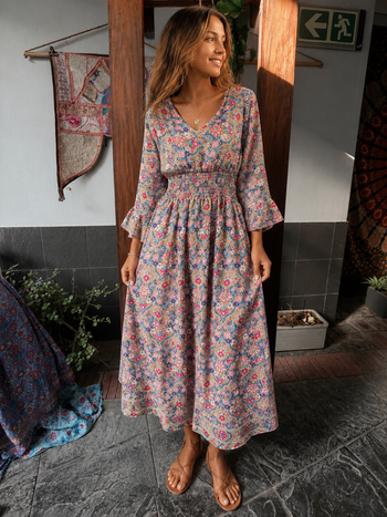 Sunmoon Long-Sleeve Elasticized Silk Dress