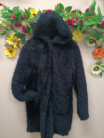 Midnight Shaggy Hooded Faux Coat