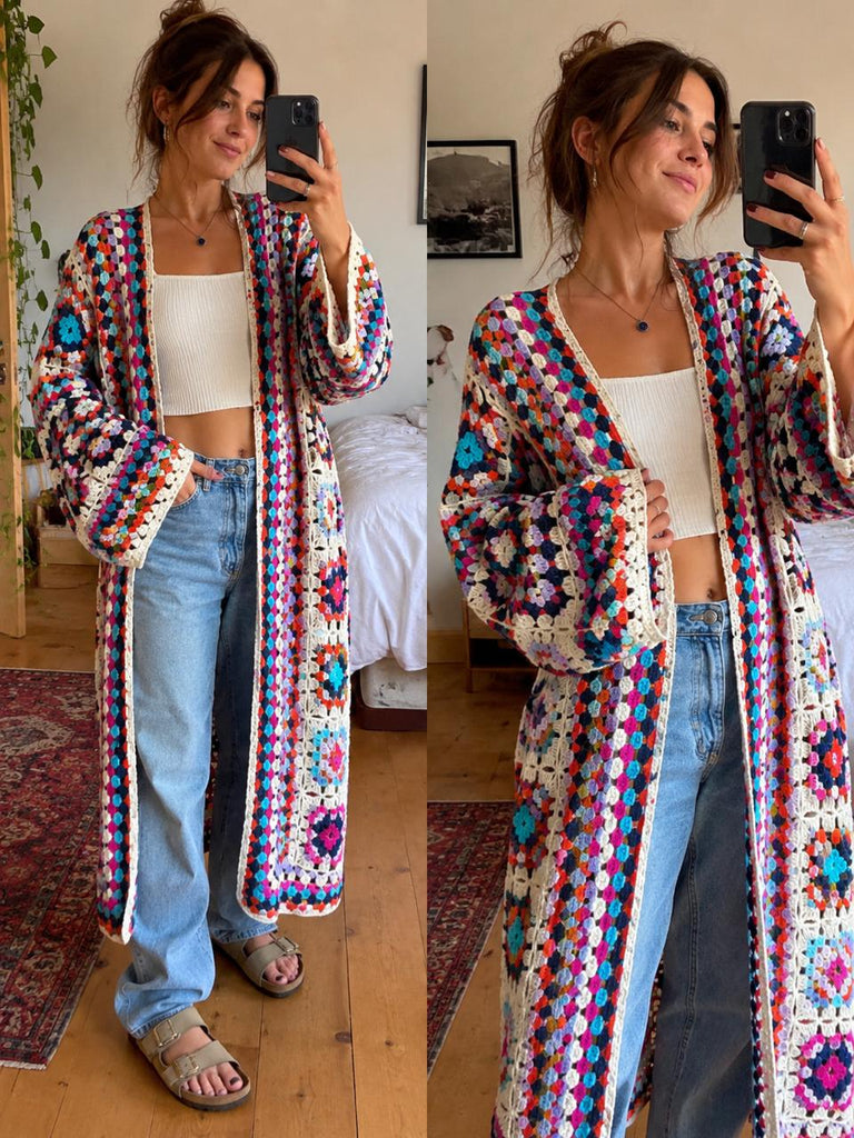 Boho Long Granny Square Kimono