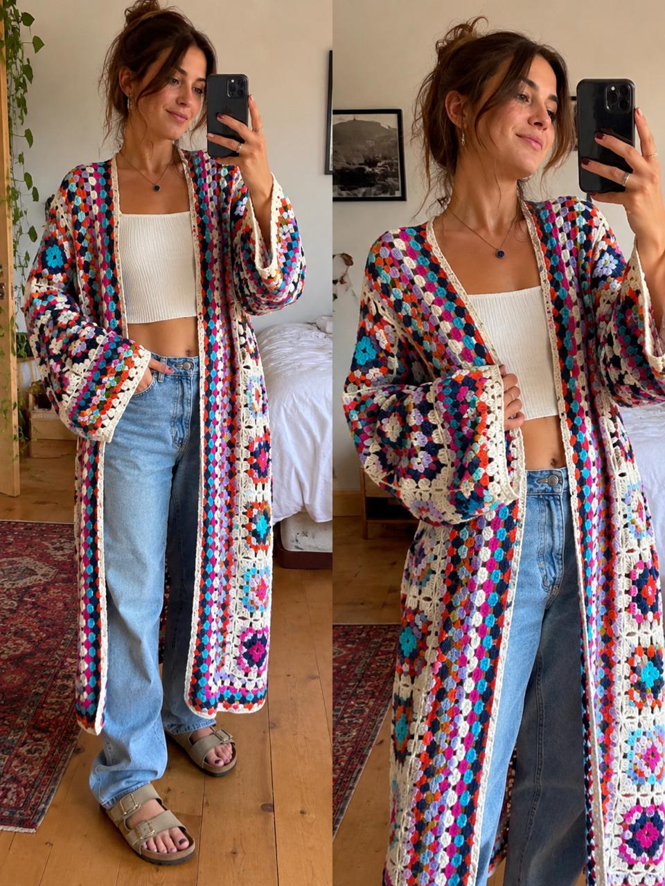 Boho Long Granny Square Kimono