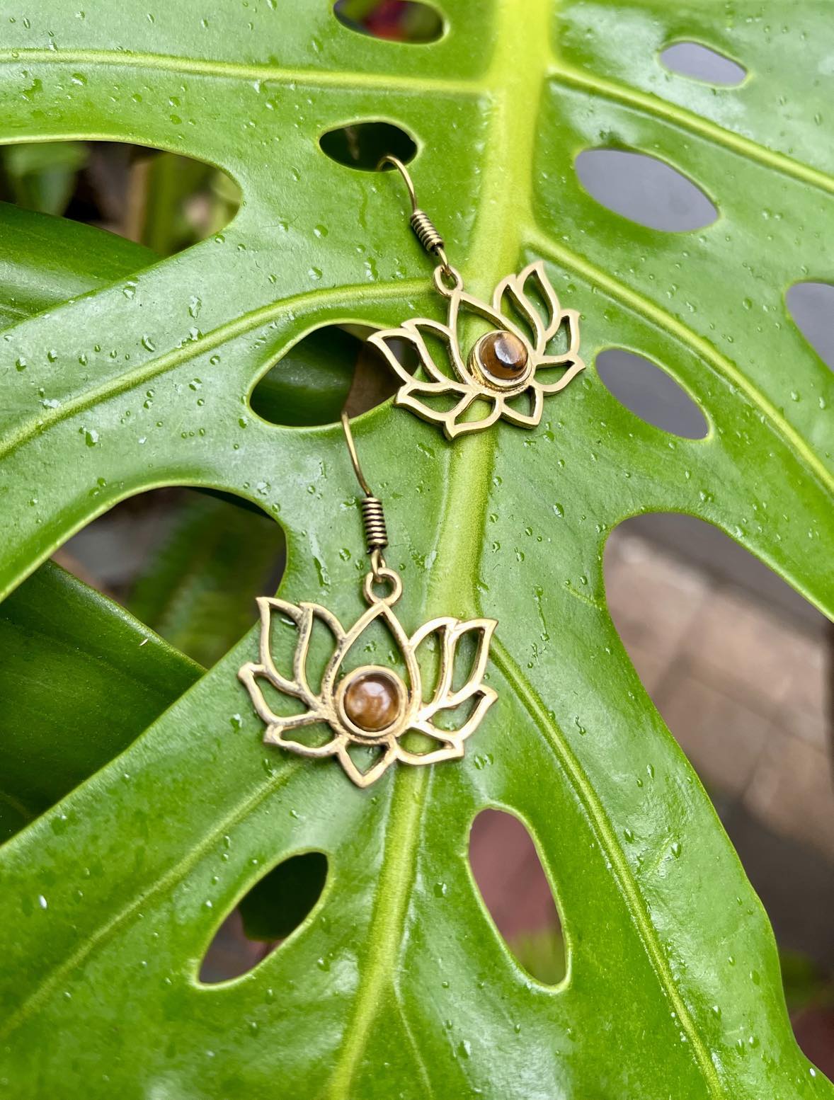 Brass Lotus Gemstone Earings