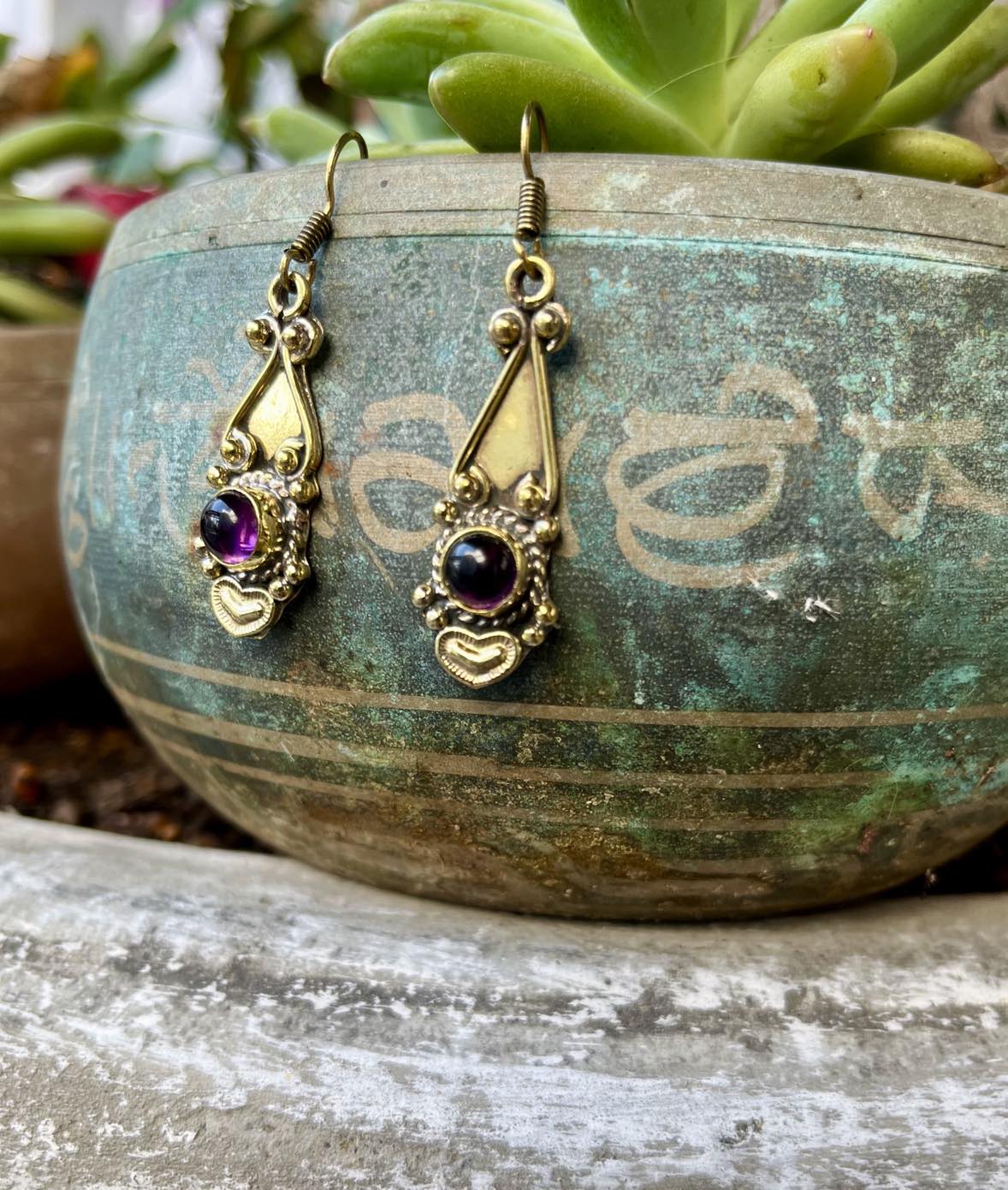 Brass Teardrop Gemstone Earings