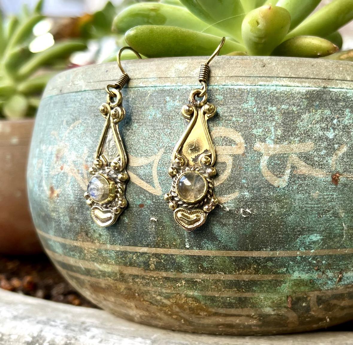 Brass Teardrop Gemstone Earings