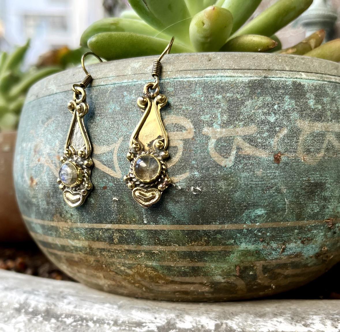 Brass Teardrop Gemstone Earings