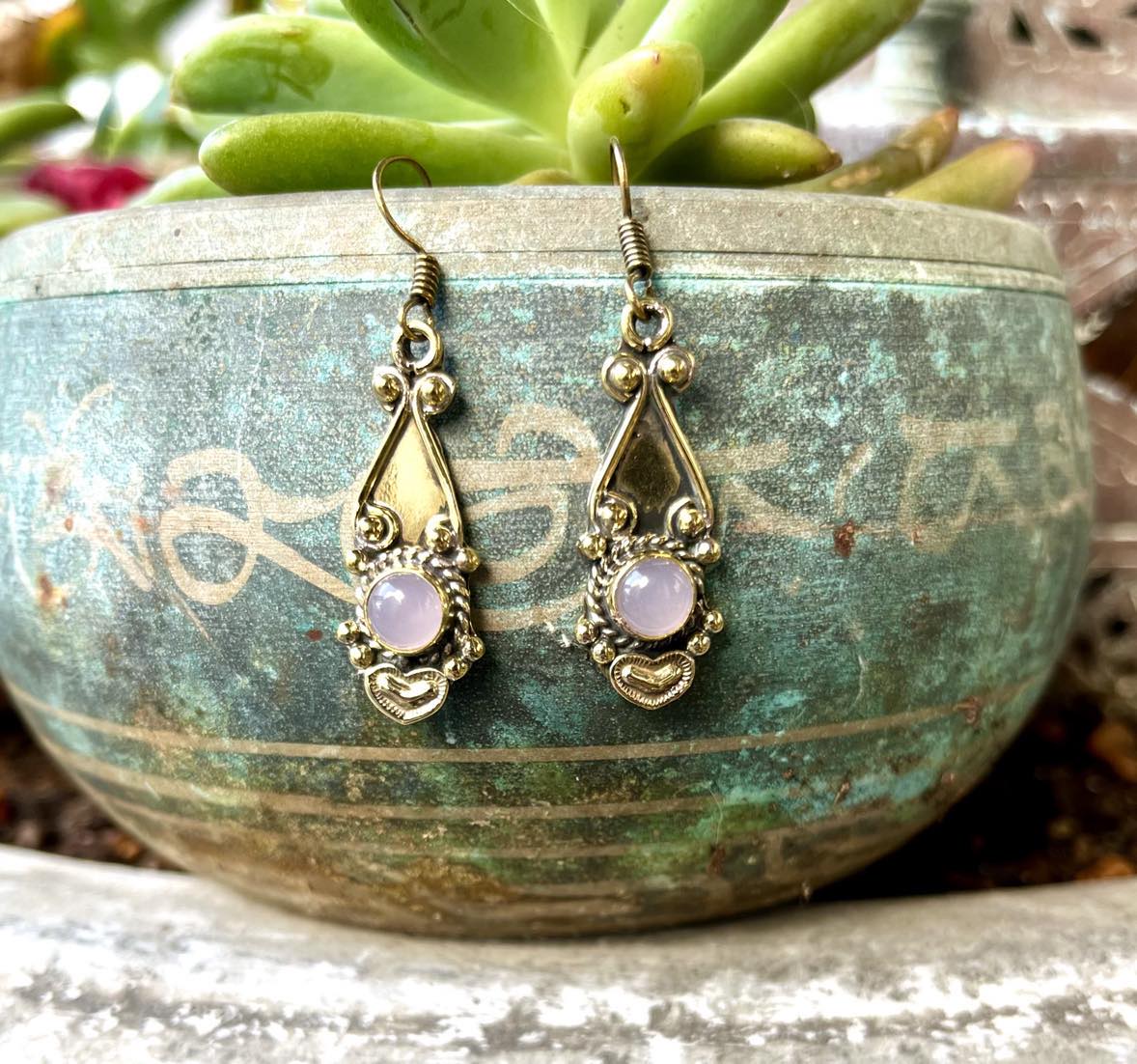 Brass Teardrop Gemstone Earings