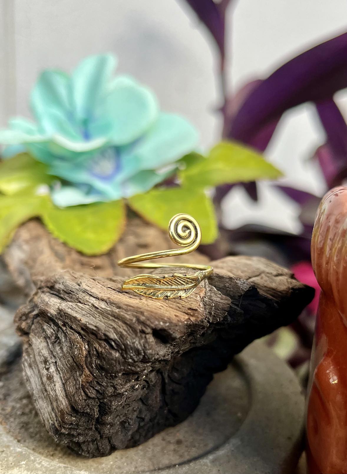 Brass Feather Swirl Ring