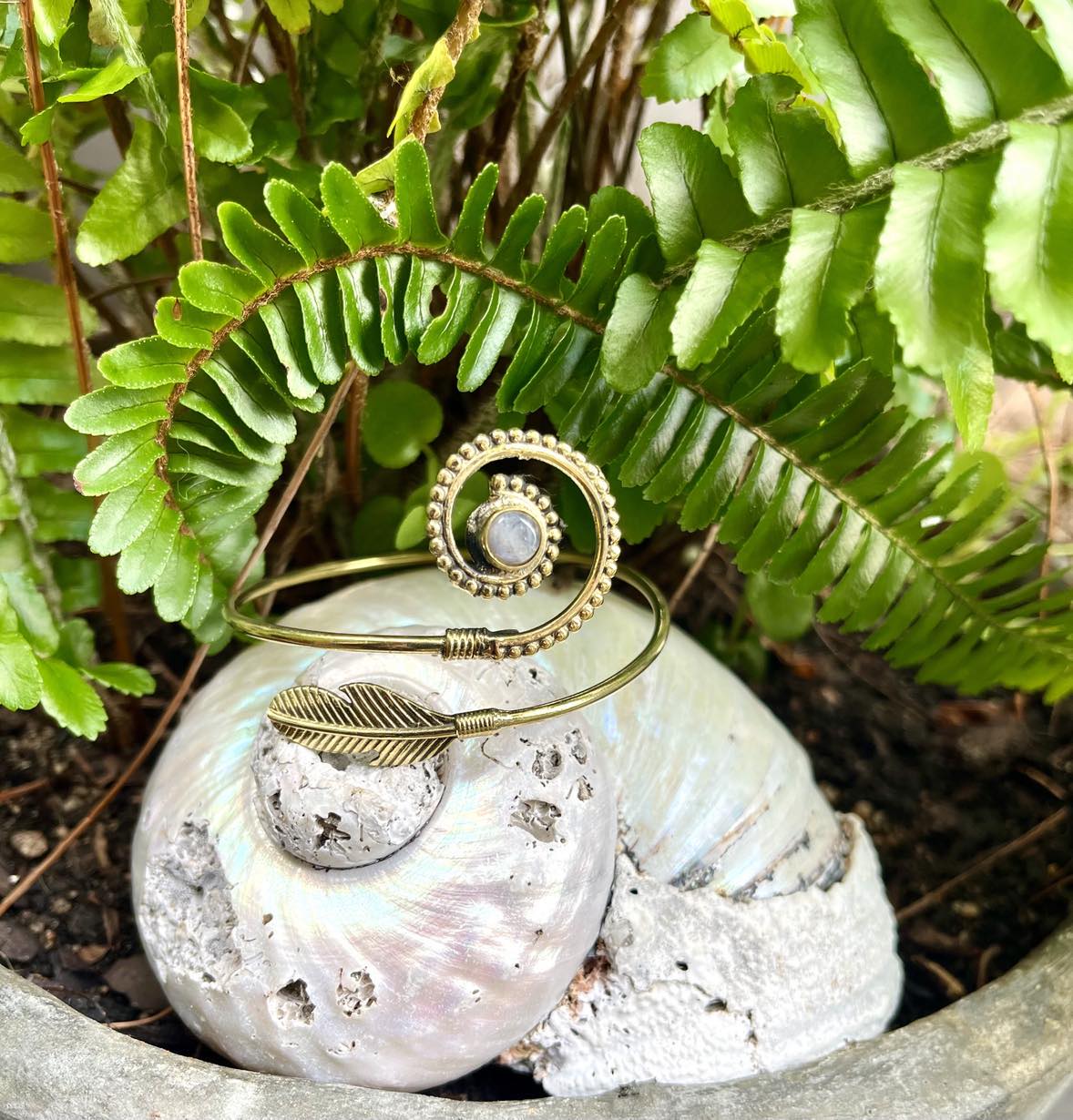 Feather Gemstone Brass Bangle