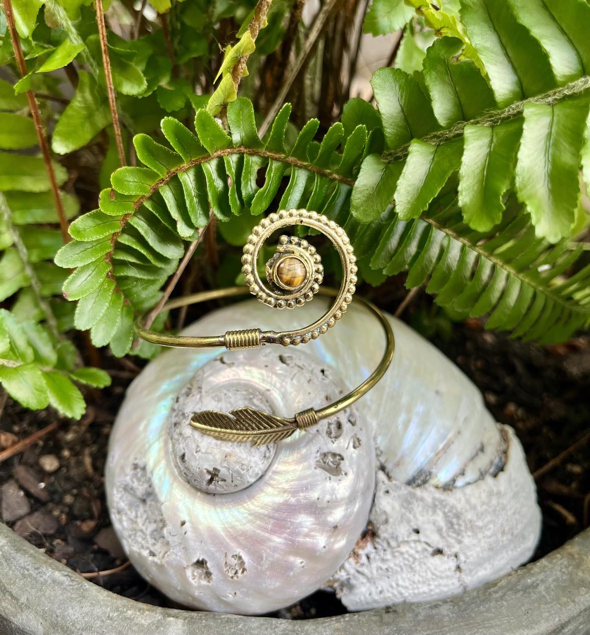 Feather Gemstone Brass Bangle