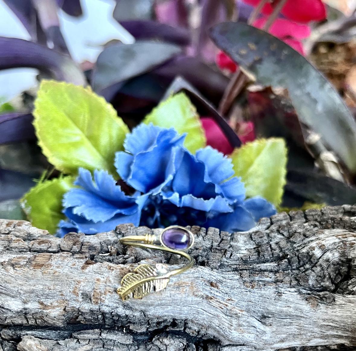 Brass Gemstone Feather Ring