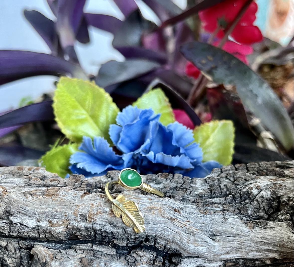 Brass Gemstone Feather Ring