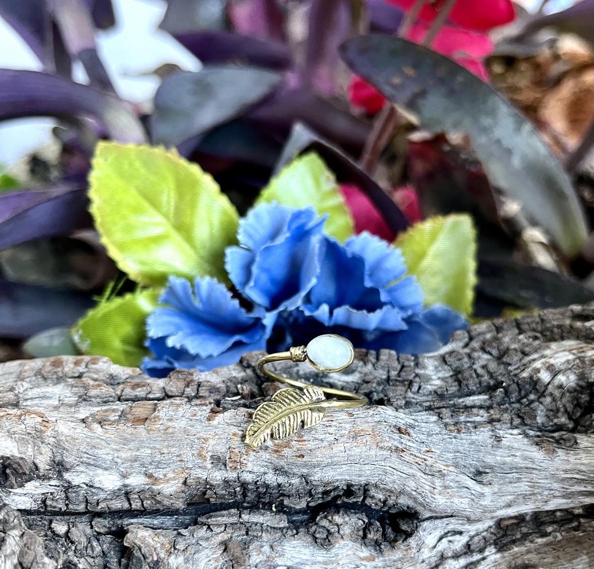 Brass Gemstone Feather Ring