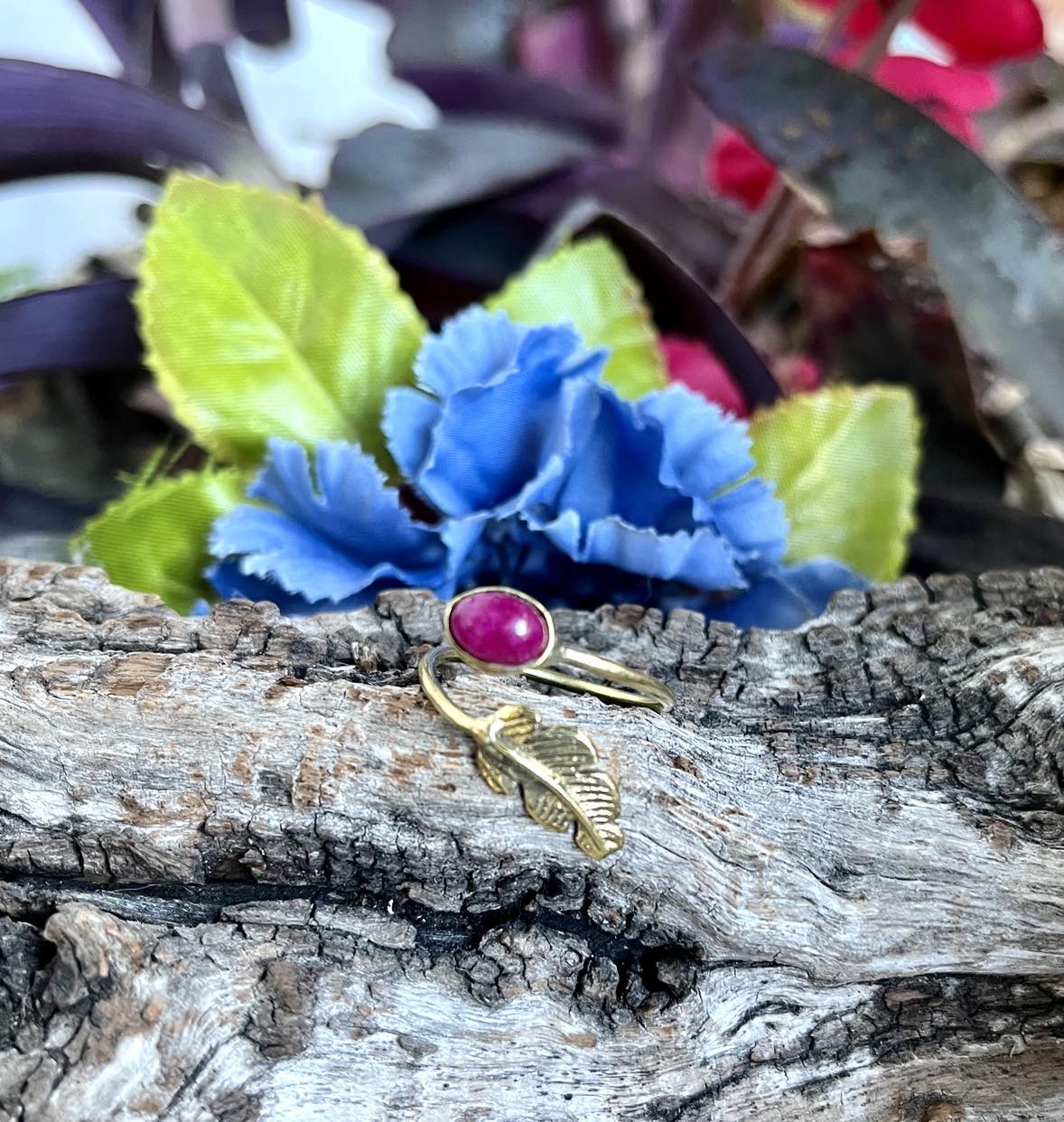 Brass Gemstone Feather Ring