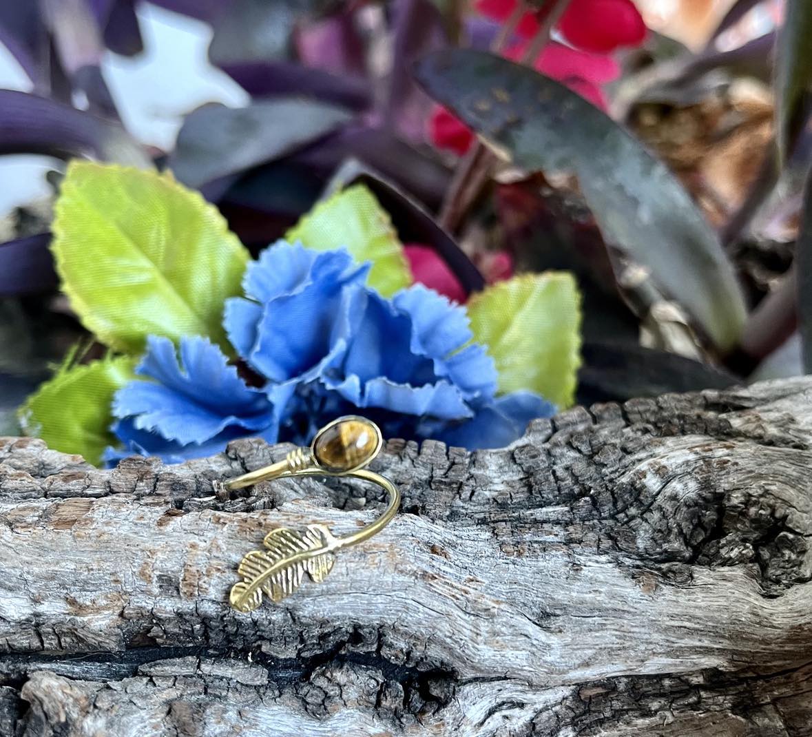 Brass Gemstone Feather Ring