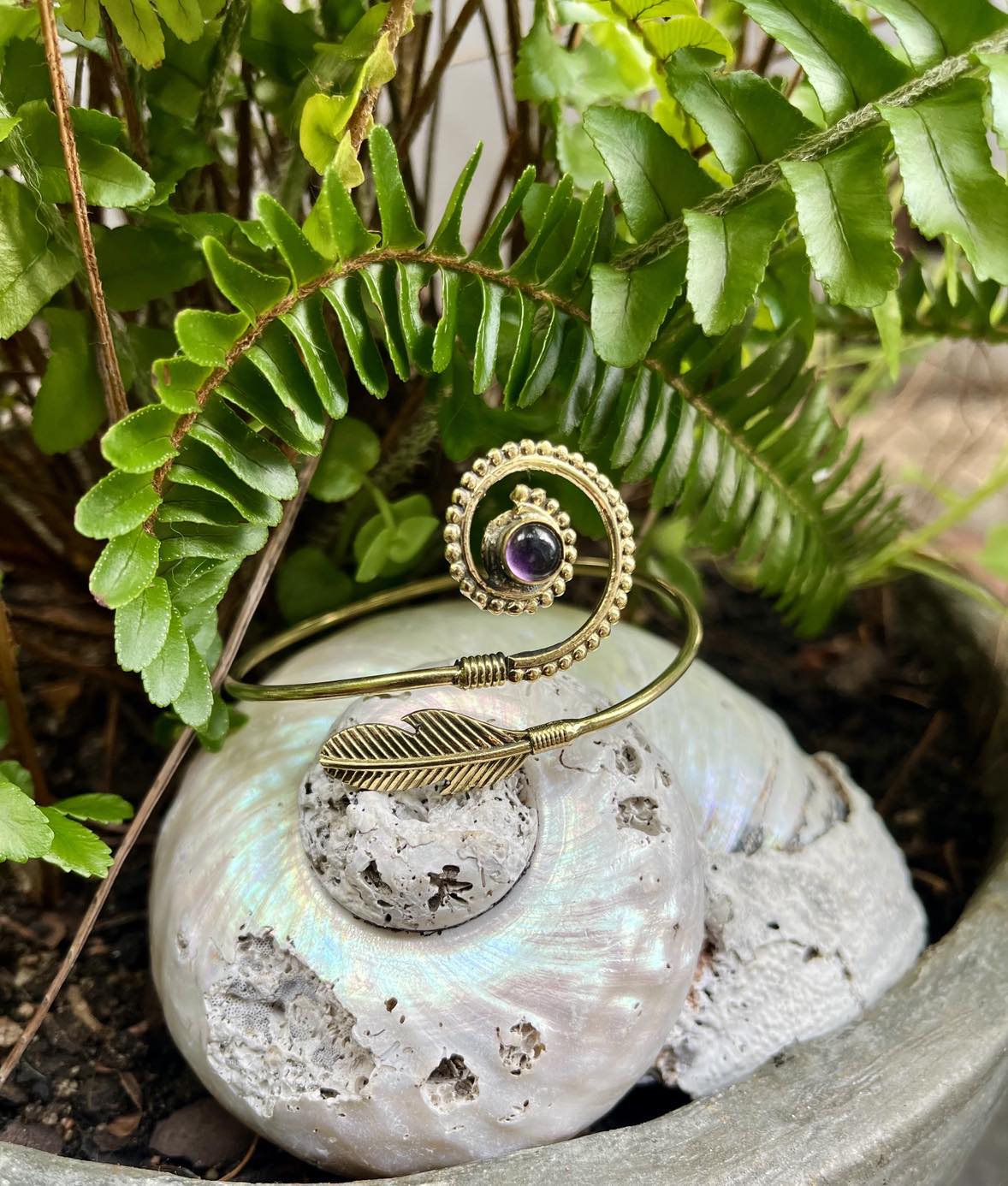 Feather Gemstone Brass Bangle