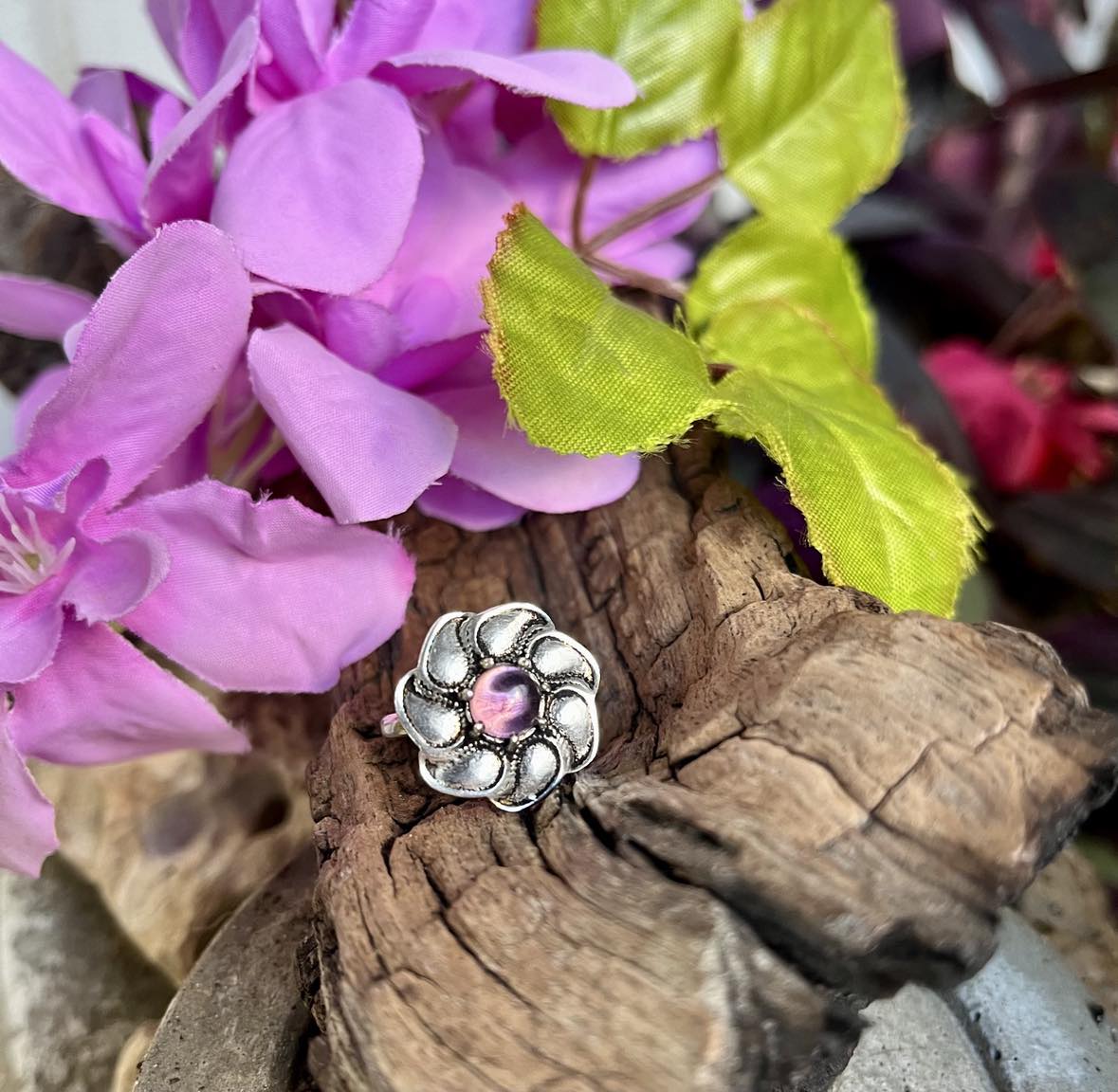 Flower Gemstone Silver Ring