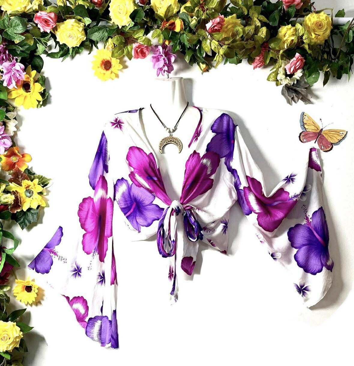 Purple Hibiscus Butterfly Crop Top