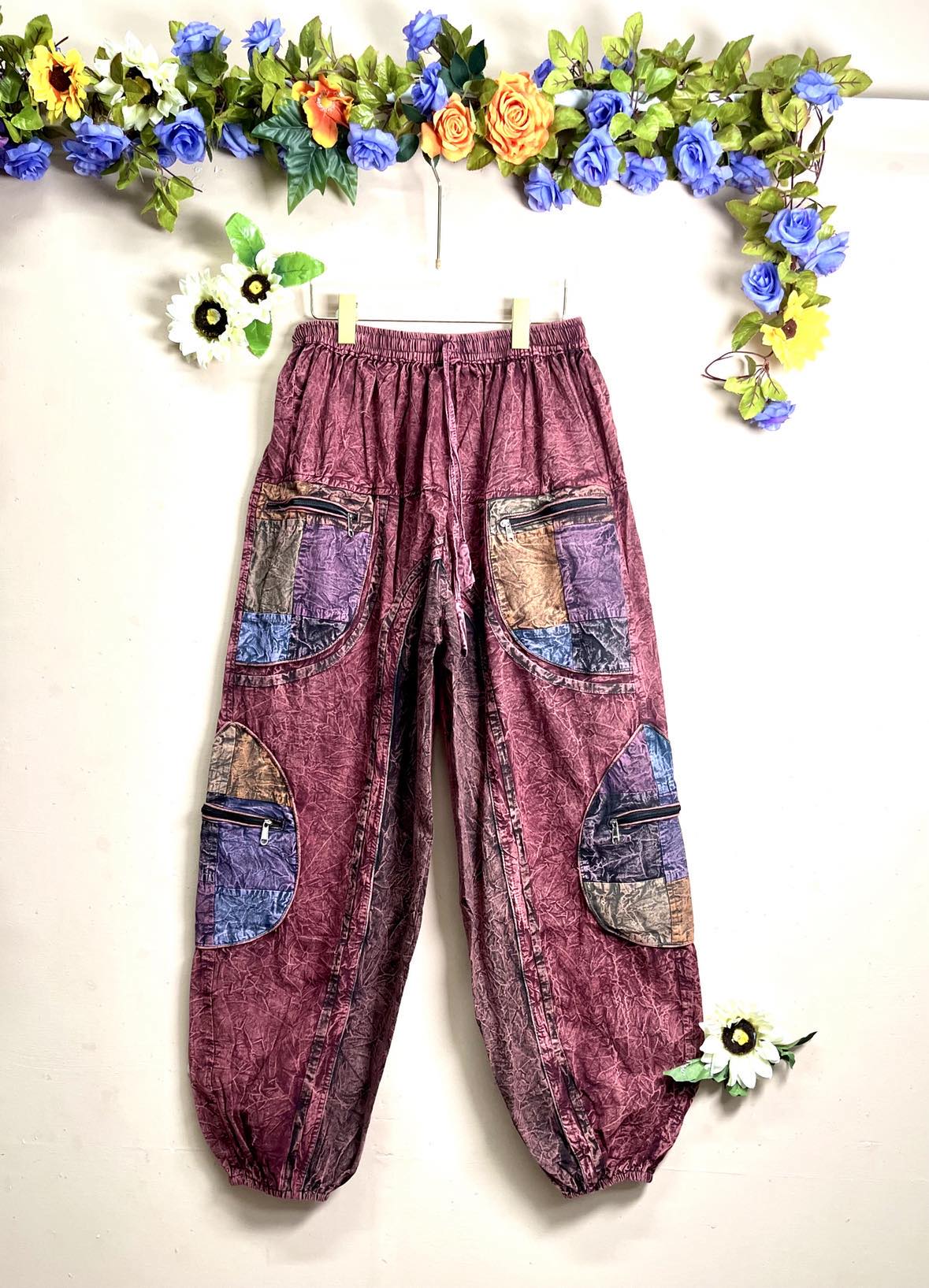 Zipped Stone-Washed Patchwork Pants