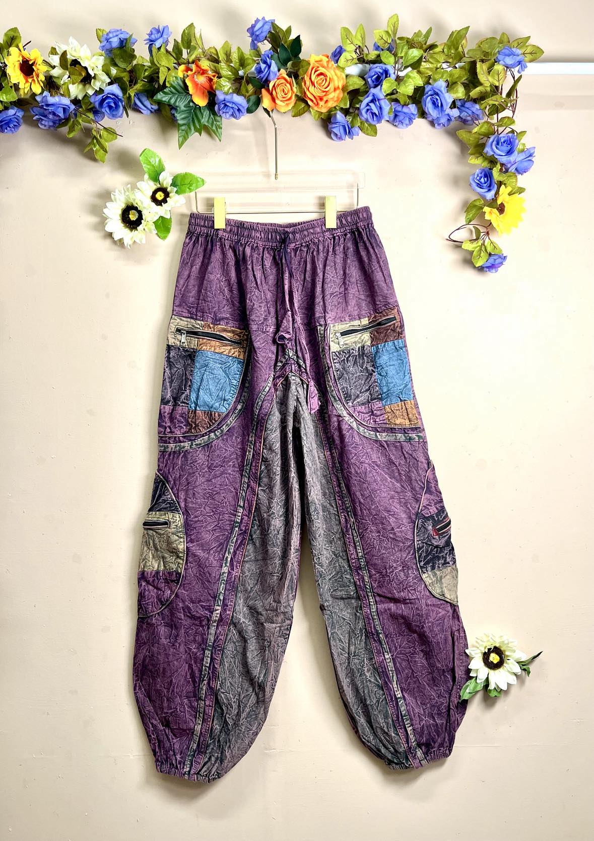 Zipped Stone-Washed Patchwork Pants