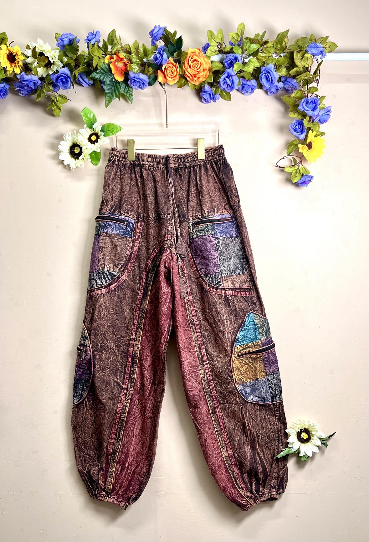 Zipped Stone-Washed Patchwork Pants