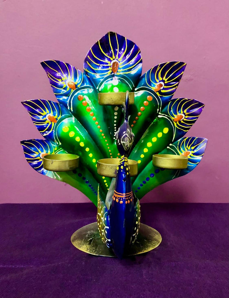 Hand Painted Aluminium Peacock Candle Holder
